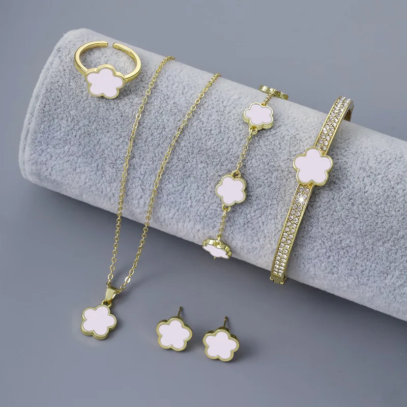5pcs/set Luxury Quality Jewelry Sets Plum Blossom Plant Five Leaf Flower Women's Earrings Rings Bracelet Necklace Bangles Gift
