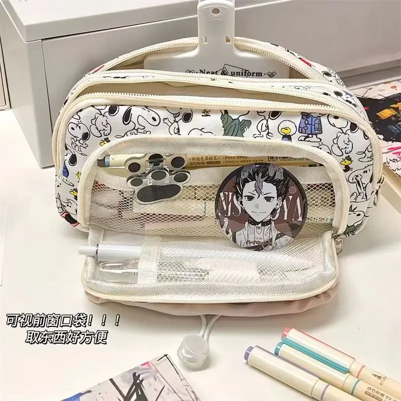 Snoopy Pencilcase Multi Layer Canvas Drawstring Pen Bag for Students School Supplies Gifts