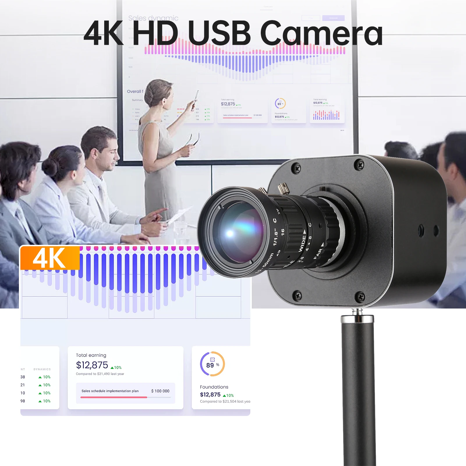 마이크로 미니 웹 카메라, 수동 초점, 4K HD USB 카메라, 5 배 광학 줌, 10-50mm 가변 렌즈, 1920x1080 @ 60fps