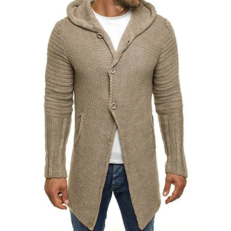 Men's Winter Sweaters Casual Solid Hooded Knit Cardigan Long Sleeve Knitted Sweater Men's Coat Medium Length Hoodies Knitwears