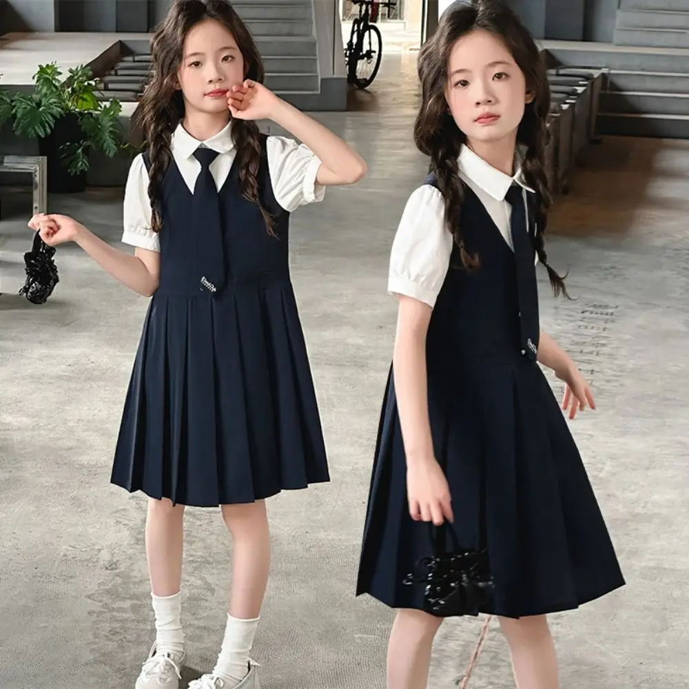 Pleated Kids Fake Two Dress Preppy Style Short Sleeve Summer Girls Dresses Skirts Teenagers Children A-line Dress Students