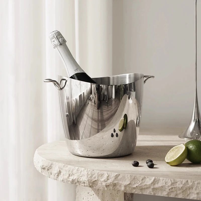 Stainless Steel Ice Bucket Handle Champagne Bucket Beer Cooler Luxury Bar Accessories Home Decoration Party Restaurant