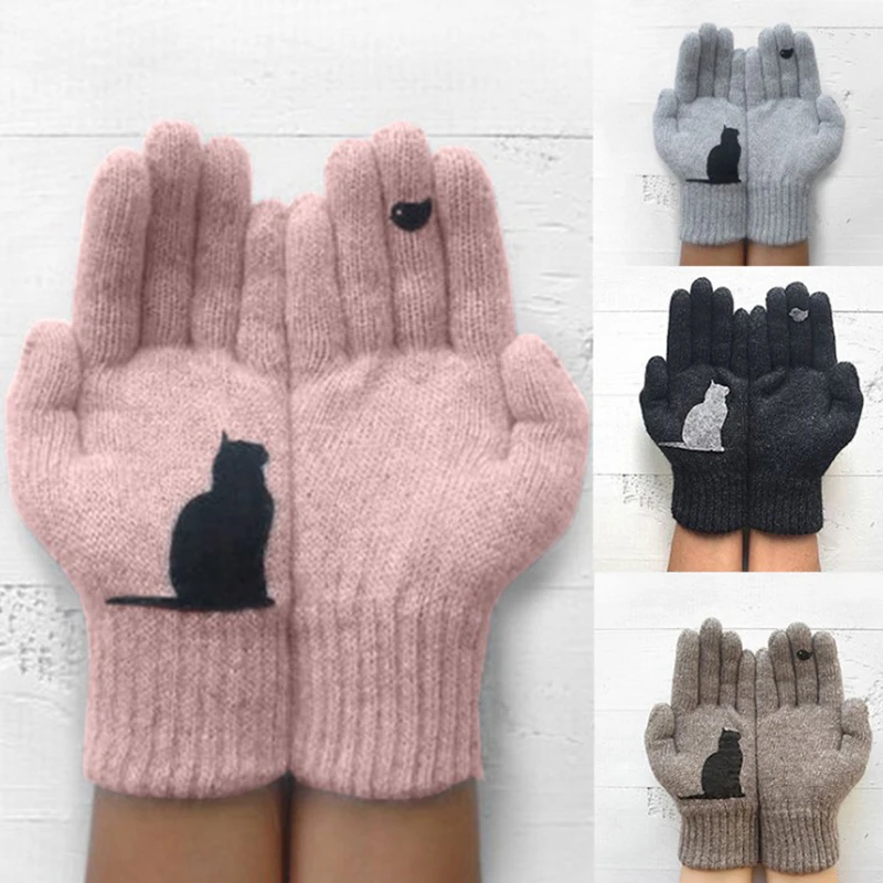 

Winter Gloves For Men Women Teens Cute Cat And Bird Printed Thermal Knitted Gloves Windproof Winter Warm Mittens Glove