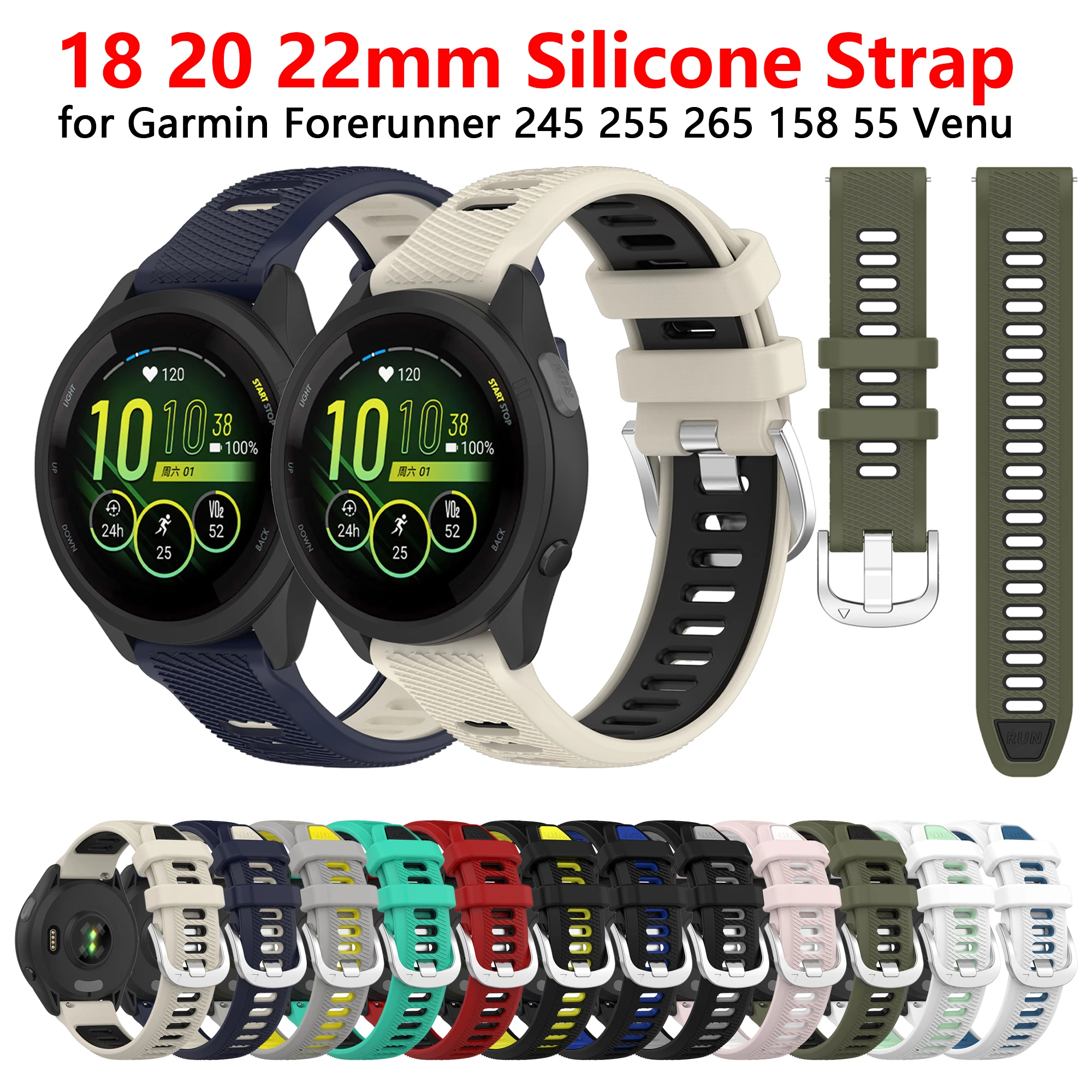 

20 22mm Silicone Band For Garmin Forerunner 265 265s 255 245 645 158 55/Venu 2 2S 3 3S/Vivoactive 4 3 smartwatch Bracelet Strap