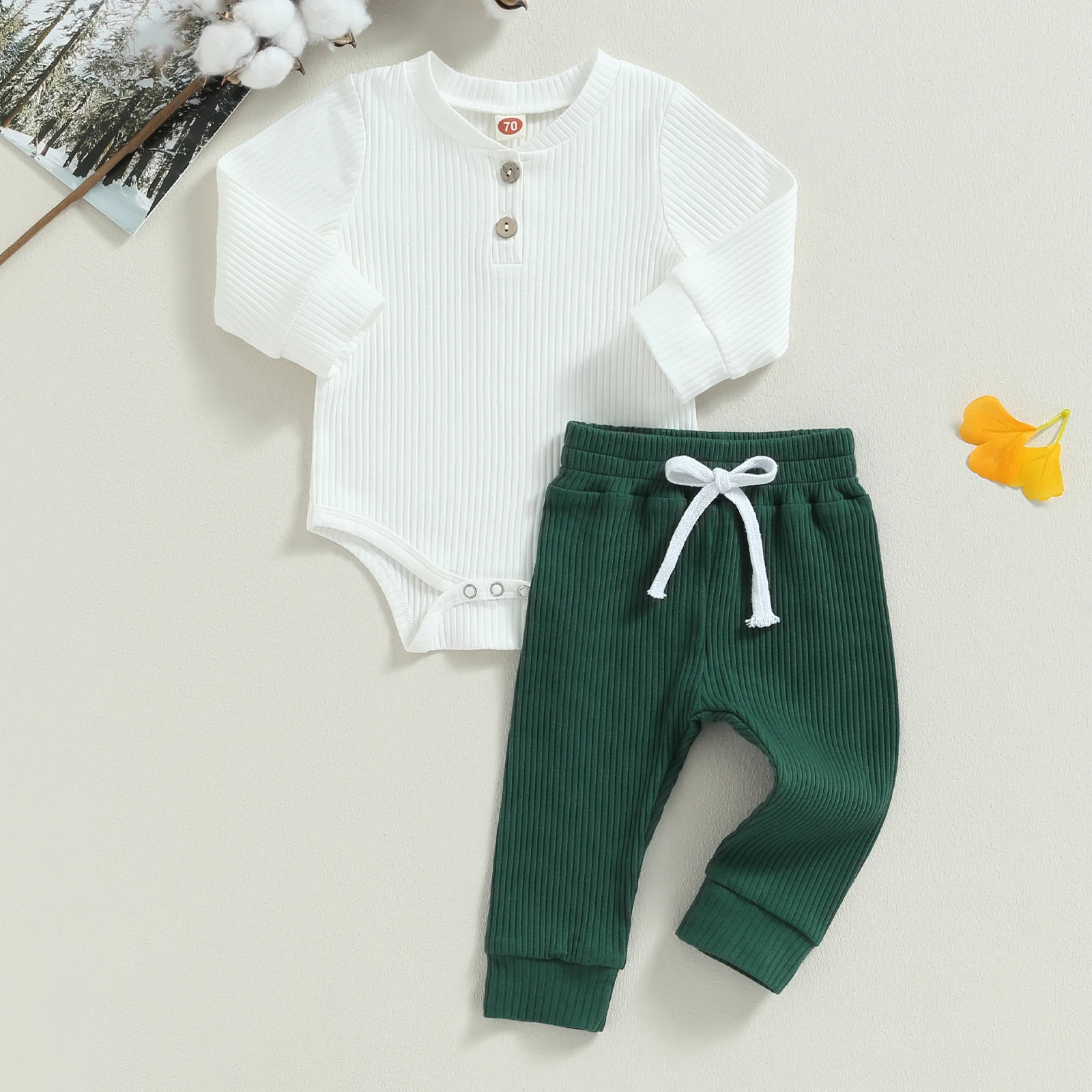 

Baby Boy 2 Piece Outfit Solid Color Ribbed Button Long Sleeve Rompers and Elastic Pants Fall Spring Clothes