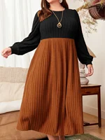 Autumn and winter style large size contrast color stitching long skirt round neck long sleeves slimming and elegant dress
