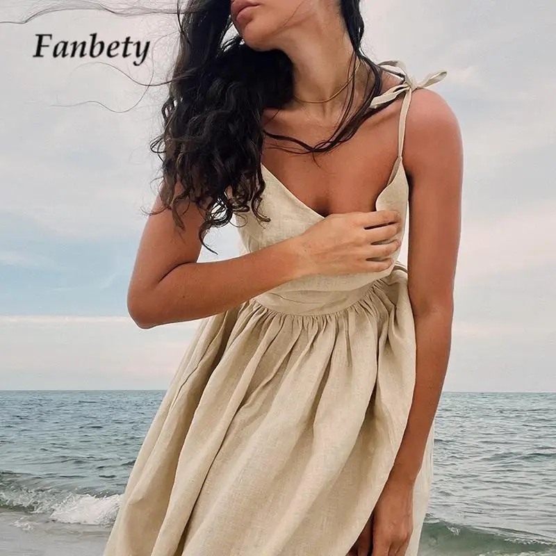 

2024 Women Backless High Waist A-Line Dress Casual Simple Sling Lace-up Long Beach Dress Summer Ladies Linen Solid Color Dresses