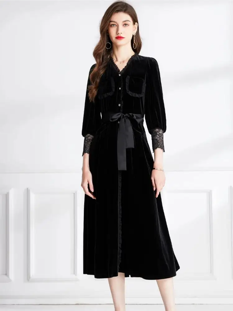 DAISY LIN Elegant Velvet 3/4 length long sheer one piece dress 06739 black 42