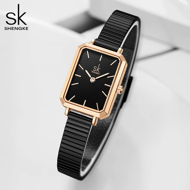 Shengke-Montre à Quartz Rectangulaire Ultra Fine pour Femme, Cadran Noir Élégant, Fierté Japonaise, Nouveau