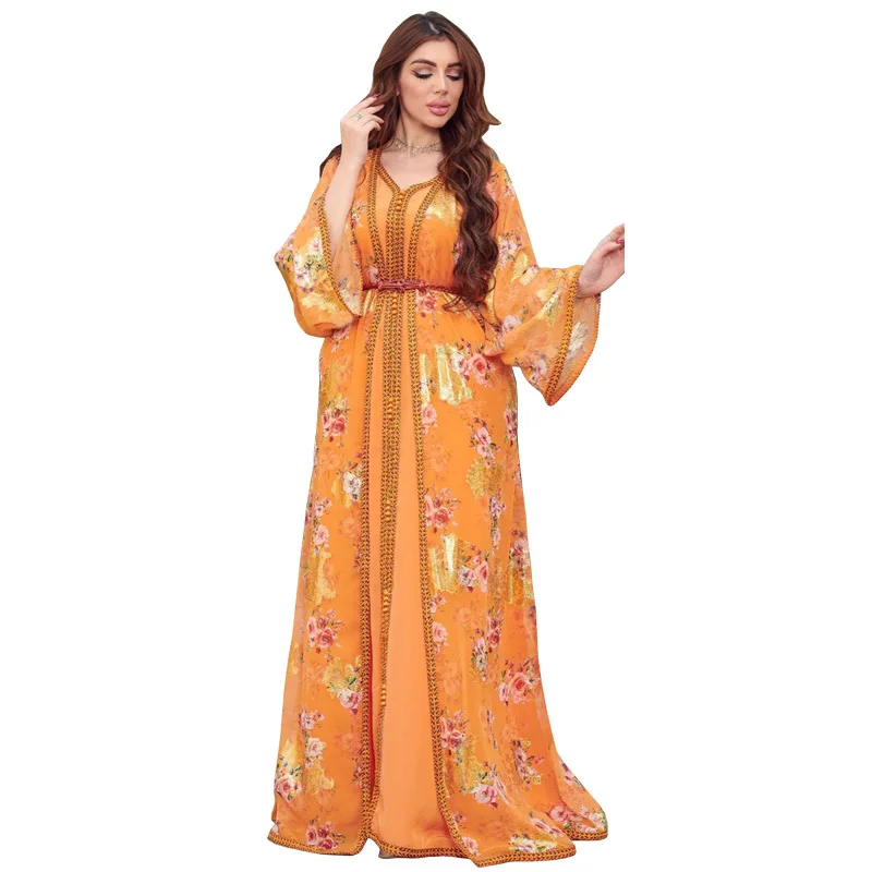 ab238-middle-east-women's-two-piece-dress-arab-dubai-muslim-chiffon-printed-gold-robe-clothes-for-muslim-women