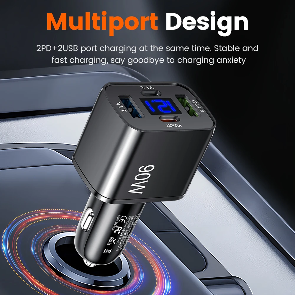 4Ports USB C Car Phone Charger Super Fast Charge in Car with LED Voltage Display for iPhone Samsung Huawei Oneplus Android Phone