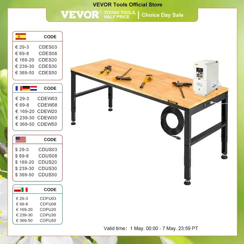 

VEVOR Multi Adjustable Workbench Woodworking Hardwood Work Bench with Power Outlets Foot Pads for Workshop DIY Office Home Use