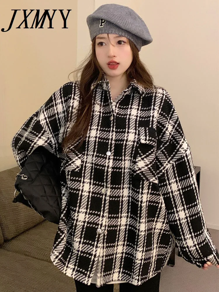 

JXMYY 2023 осень/зима модная новинка Свободная Повседневная рубашка Bf Lazy с длинным рукавом клетчатая рубашка пальто для женщин