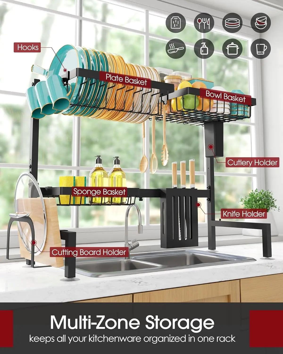 Adjustable 2-Tier Stainless Steel Dish Drying Rack with Utensil Holders, Large Capacity, Black