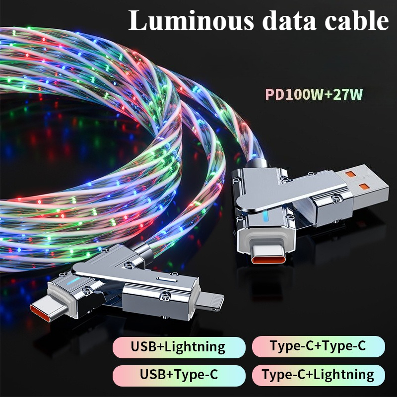 PD27W 100W Zinc Alloy Two-drag Two-stream Light Fast Charging Data Cable Four-in-one Luminous Charging Cable for IPhone Samsung