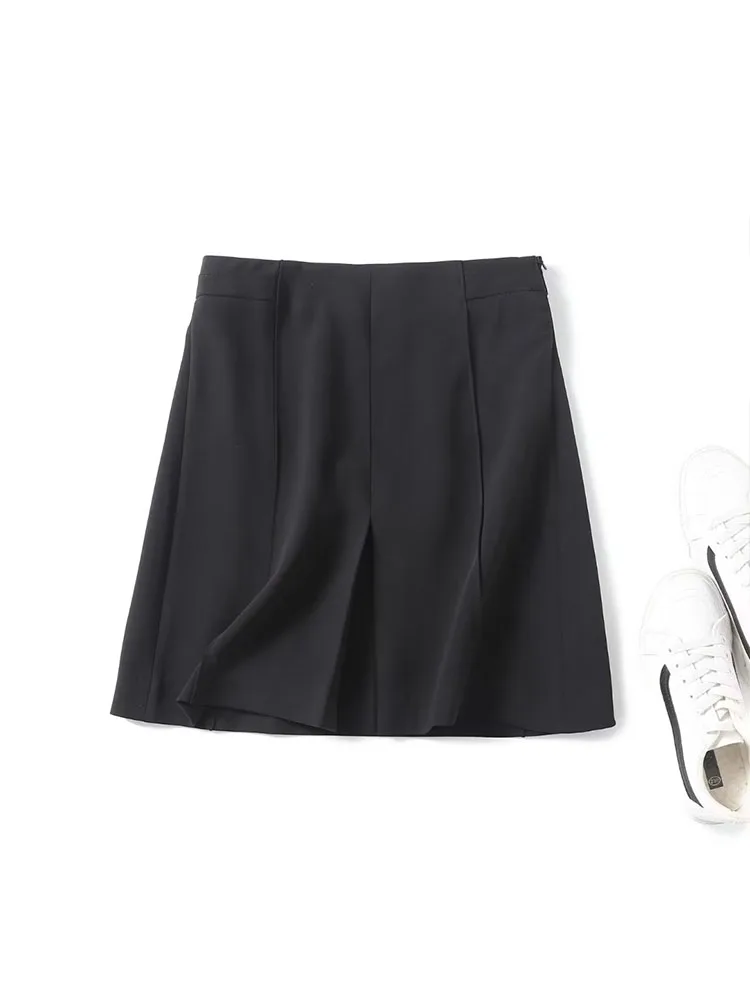 

Women 2023 Winter New Chic Fashion Waist In Pleat Design Mini Skirt Vintage Side Zipper Female Skirts Mujer