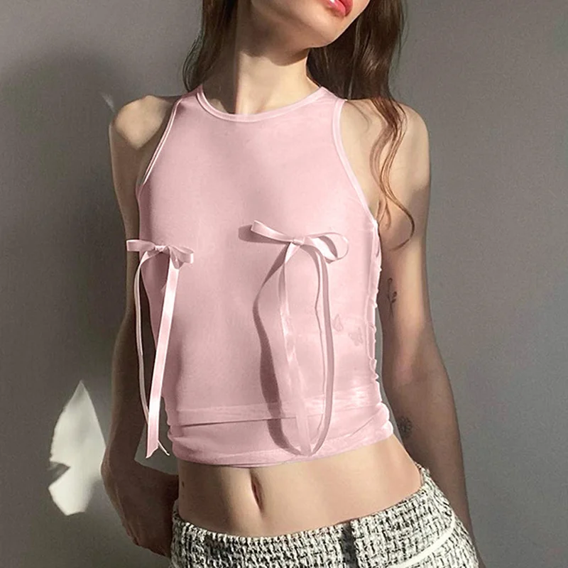 

Sexy Crop Tops Y2k Coquette Soft 3d Bow Knot Baby Pink Mesh Sheer Girls Summer Tank Tops for Women 2023
