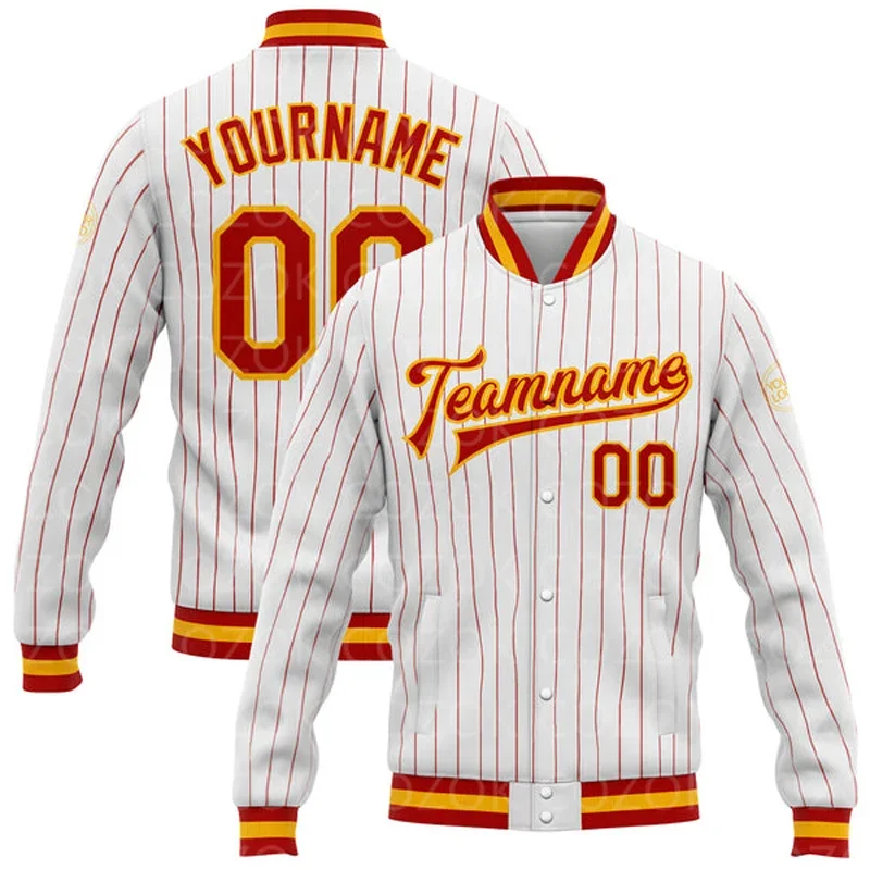 Custom White Red Color 3D Printed Baseball Button Jacket Bomber Full-Snap Varsity Letterman Jacket