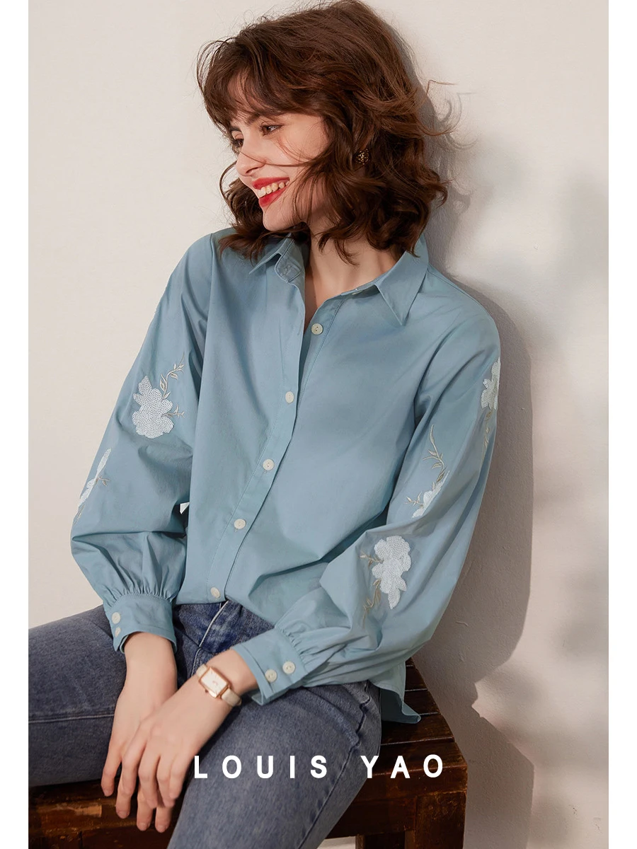 LOUIS YAO Women Blouses 2024 Spring New Turn Down Collar Long Sleeve Office Lady Loose Fit Sequin Embroidery Women's Shirt Top