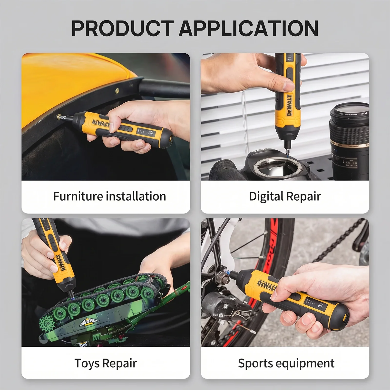 새로운 DEWALT 충전식 전기 드라이버, 4개의 토크 기어, 5N.m 최대 토크, 280RPM, DIY 수리 작업용 USB 충전 LED 라이트
