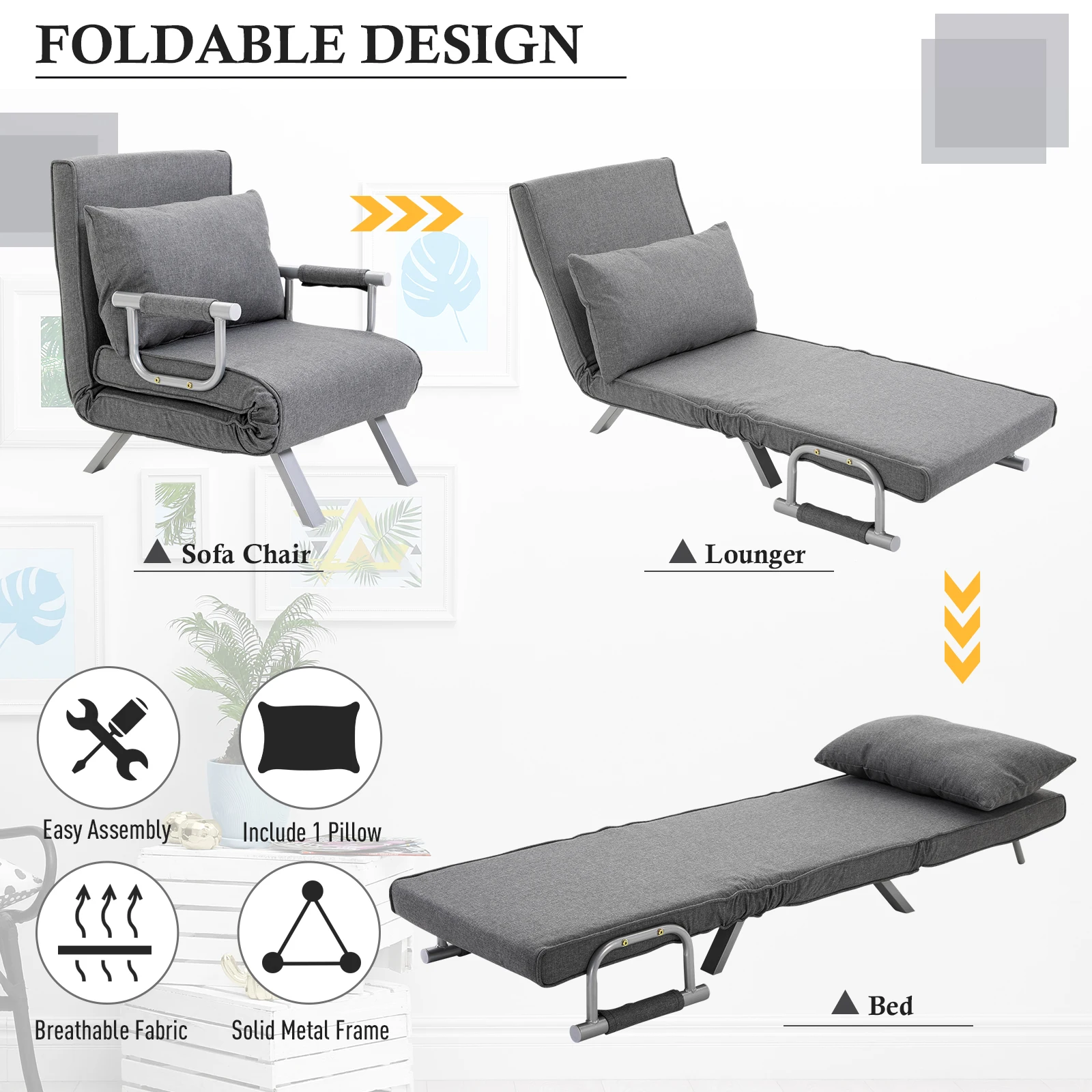 Modern Futon Sofa Lounger Couch withAdjustable Backrest & Comfy Pillow, Light Grey