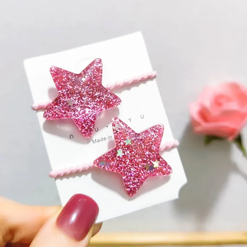 Children Kawaii Hair Ties Rope 2pcs Kids Glitter Pentagram Elastic Hair Bands Ring New Headwear Girls Hair Accessories