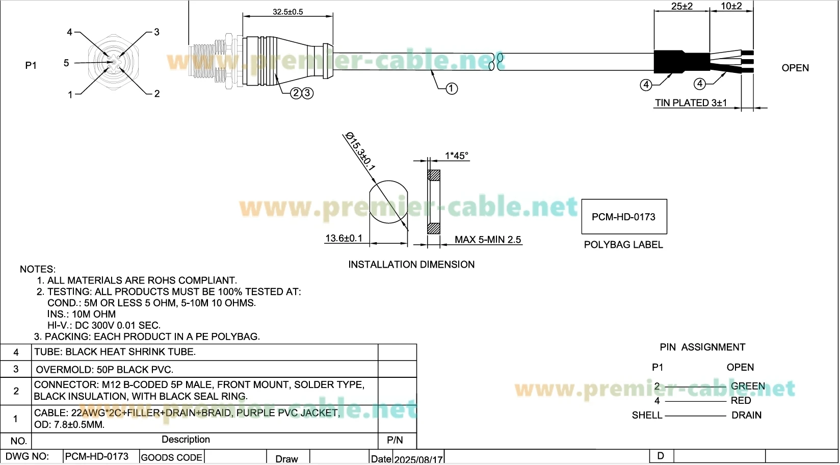 M12 B-Code 5-Poliger Stecker auf Offenes Kabel Endlos Montagekabel IP67 Abgeschirmter Industrieller Feldbus-Steckverbinder M12 Profibus-Kabel – Detail 1