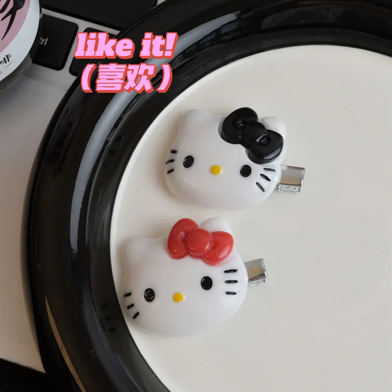 Kawaii Sanrio Vintage Zwart Hello Kt Kat Haarspeld Cartoon Anime Kitty Kat Zoete Koele Meisje Haarspeld Diamant Clip Kant Haarspeld