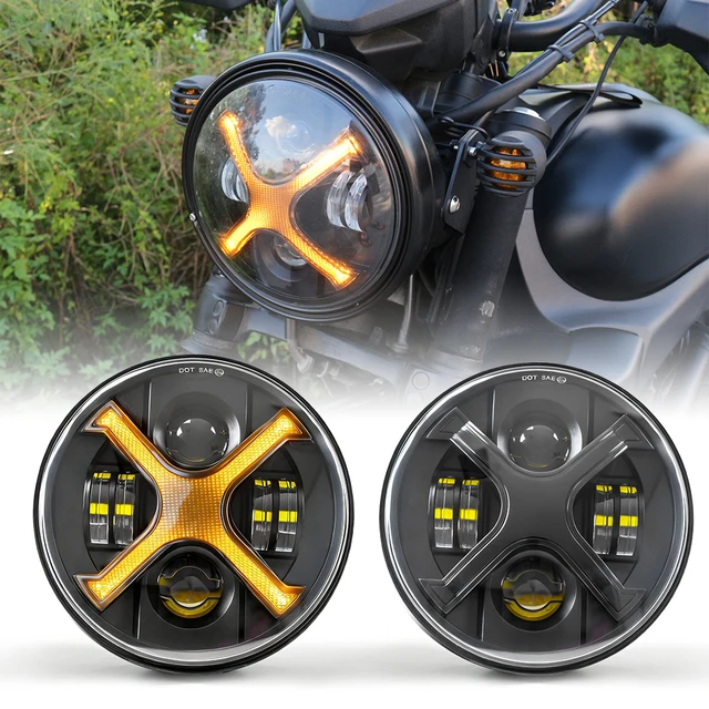 7inch Smoked X-Shaped Led Motorcycle Headlight, Amber Daytime Running Lights and Turn Signals, 60-Watt Power, Car Exterior Modification Parts, Suitable for Harley Retro Cruisers