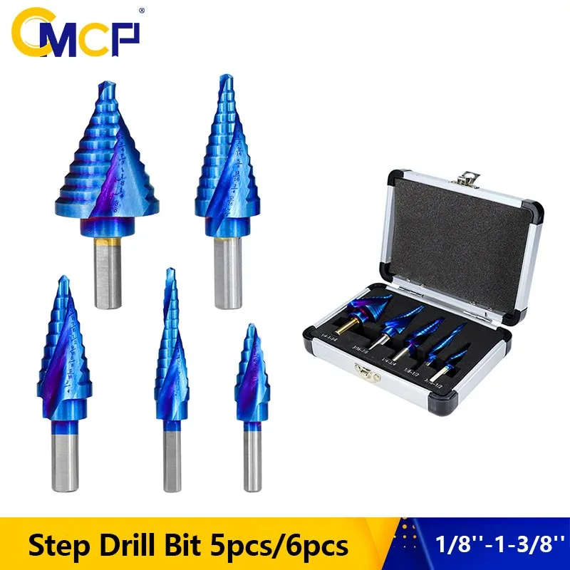 CMCP Step Drill Bit 6pcs Step Cone Drill with Center Punch Nano Blue Coated Metal Hole Cutter HSS Cone Drilling Tool