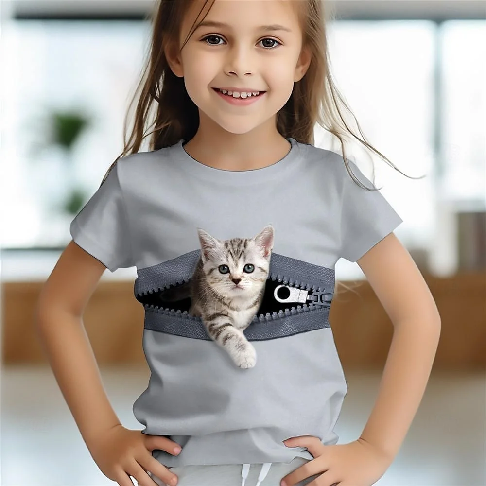 Kids T Shirt 3d Printed Fun Children's Cat Animal Baby Girl Summer Short Sleeve