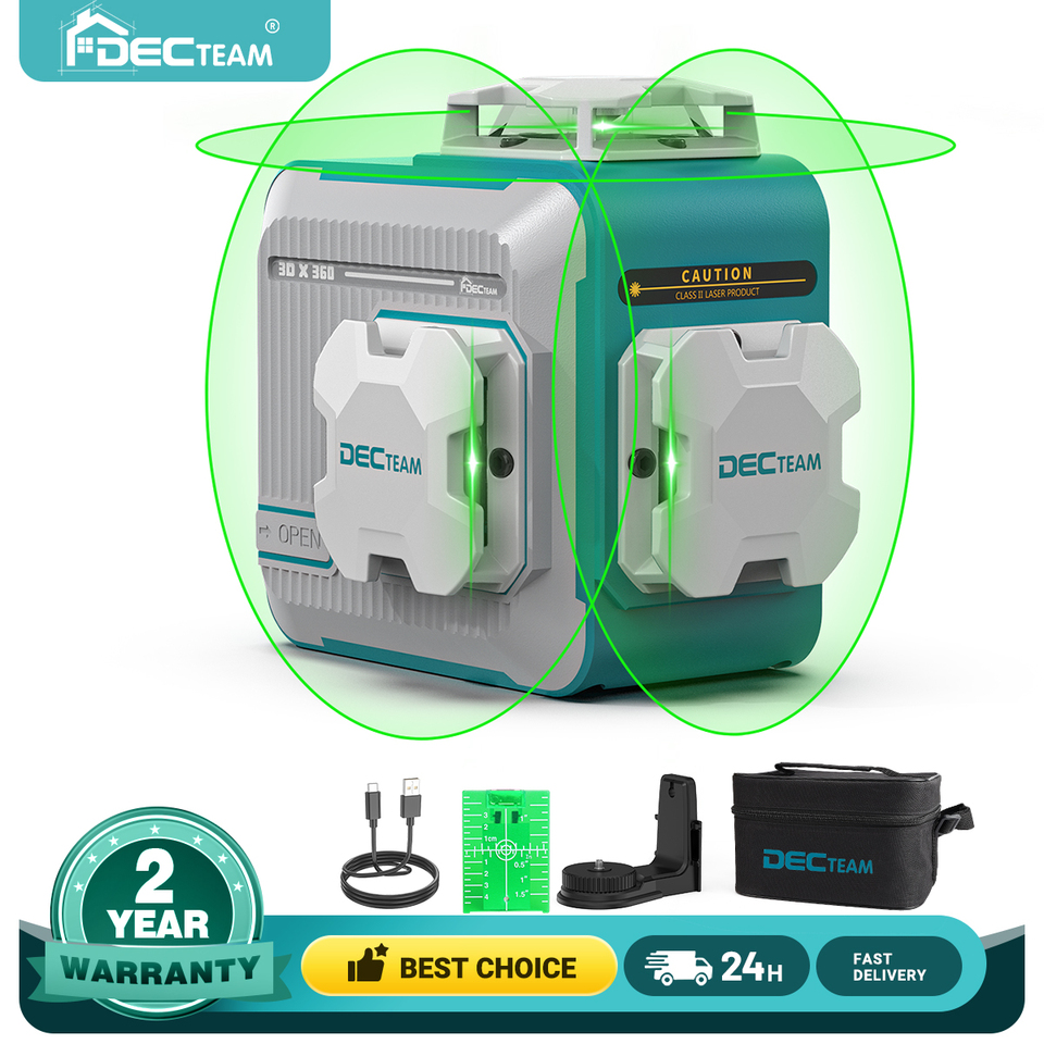 3D 12 Lines Self-leveling Laser Level DECTEAM 3 x 360Â° Green Beam Cross Line Laser Tool with Rechargeable Li-ion Battery M03CG