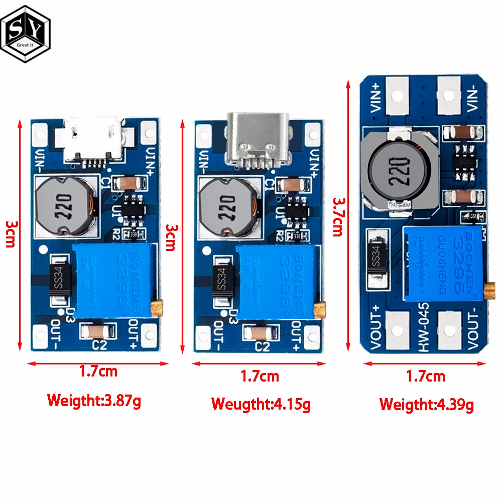 MT3608 type-c/micro 2A Max DC-DC Step Up Power Module Booster 3-5V to 5V/9V/12V/24V,step up module