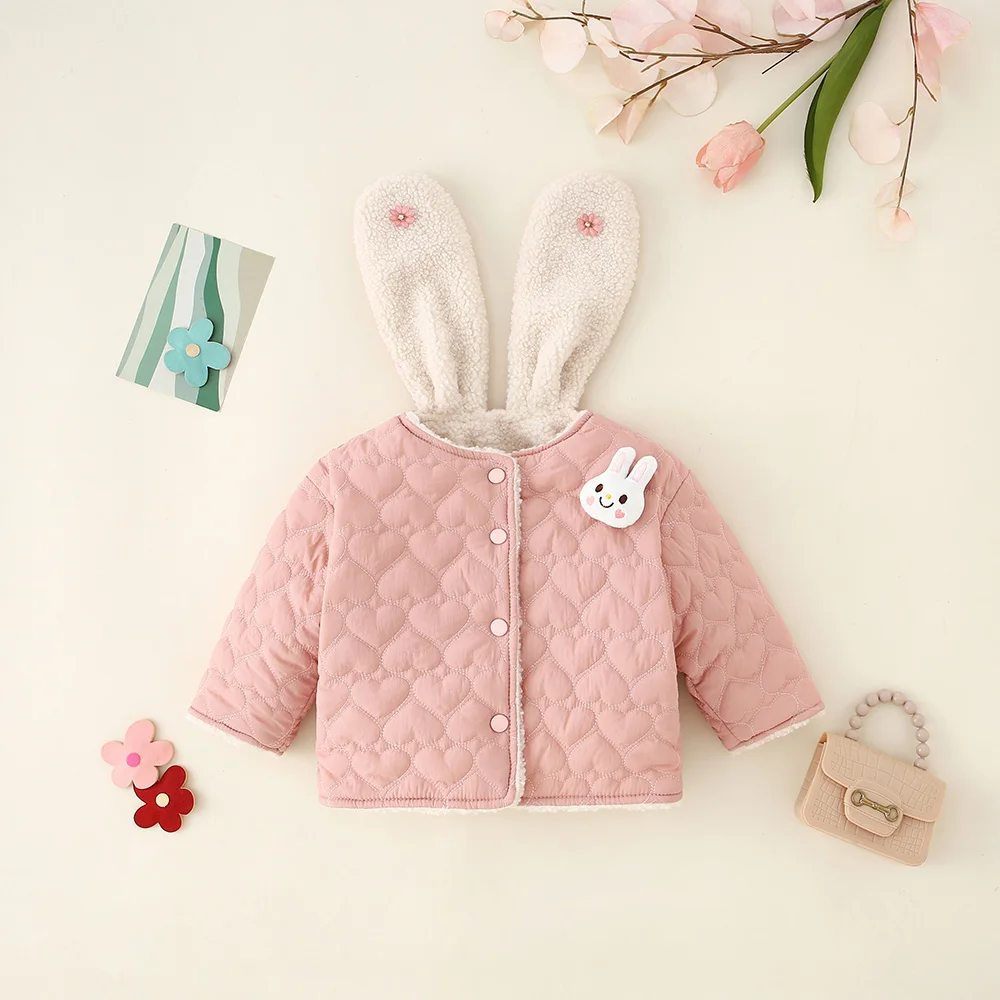 Warm Baby Girl Coat Winter Cute Long Sleeve Rabbit Jacket For Baby Girl Wool Coat Kids Clothes 9kg-18kg