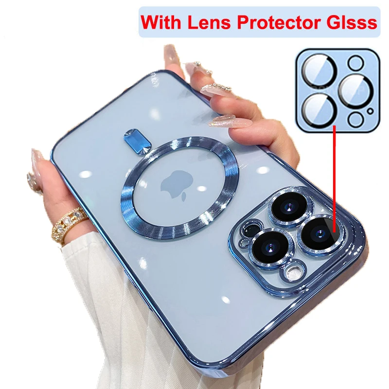 

For Magsafe Magnetic Clear Camera Lens Protector Glass Case For iPhone 15 14 13 12 11 Pro Max Plating Wireless Charging Cover