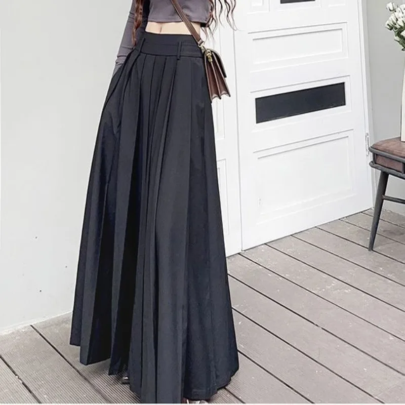 TFETTERS Black Maxi Skirt 2024 Spring/Summer New Pocket Low Waist Long Skirts Fashion Retro Casual Pleated Skirts for Women