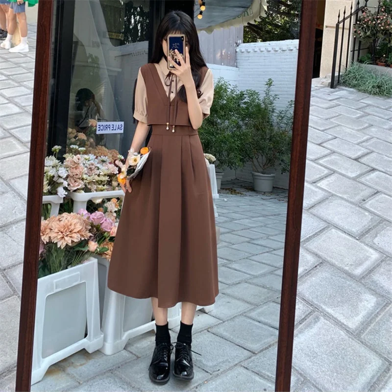 

Retro Patchwork Short Sleeve One-Piece Preppy Style Loose Slimming False Two-Piece Long Dress
