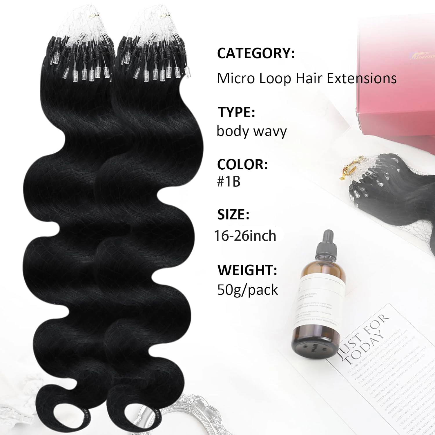 Body Wave Micro Loop Hair Extensions Stick Tipped Hair Fish Line Link Hairpiece Highlight Straight 50 Strands 50g Women #1B