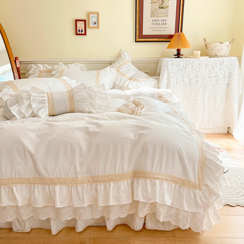 HARBOREST Queensize Beddengoedset 3-delig, witte ruches, zachte vintage