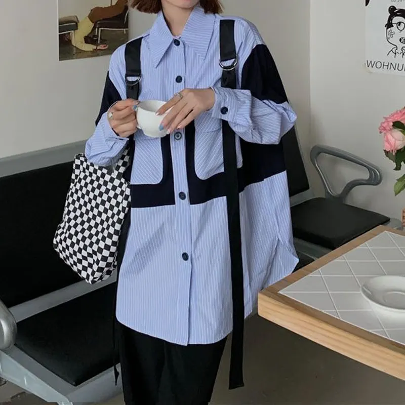 

Fashion Korean Striped Loose Shirt Polo-Neck Spring Autumn Safari Style Pockets Spliced Women's Clothing Single-breasted Blouse