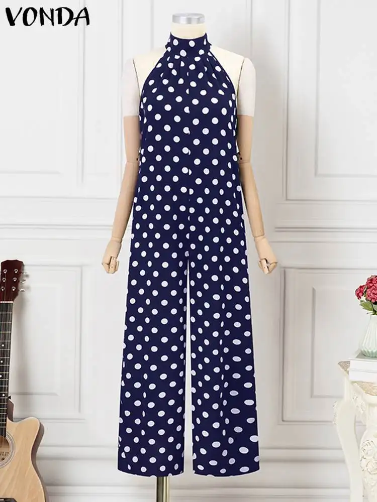 VONDA Women Jumpsuits 2024 Vintage Standing Collar Sleeveless Polka Dot Jumpsuit Summer Party Romper Overalls Oversized