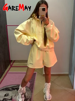 Women's Summer Tracksuit with Shorts Zipper Cotton Oversize Top and Shorts Two Piece Set Casual Sports Yellow Suit for Women 1
