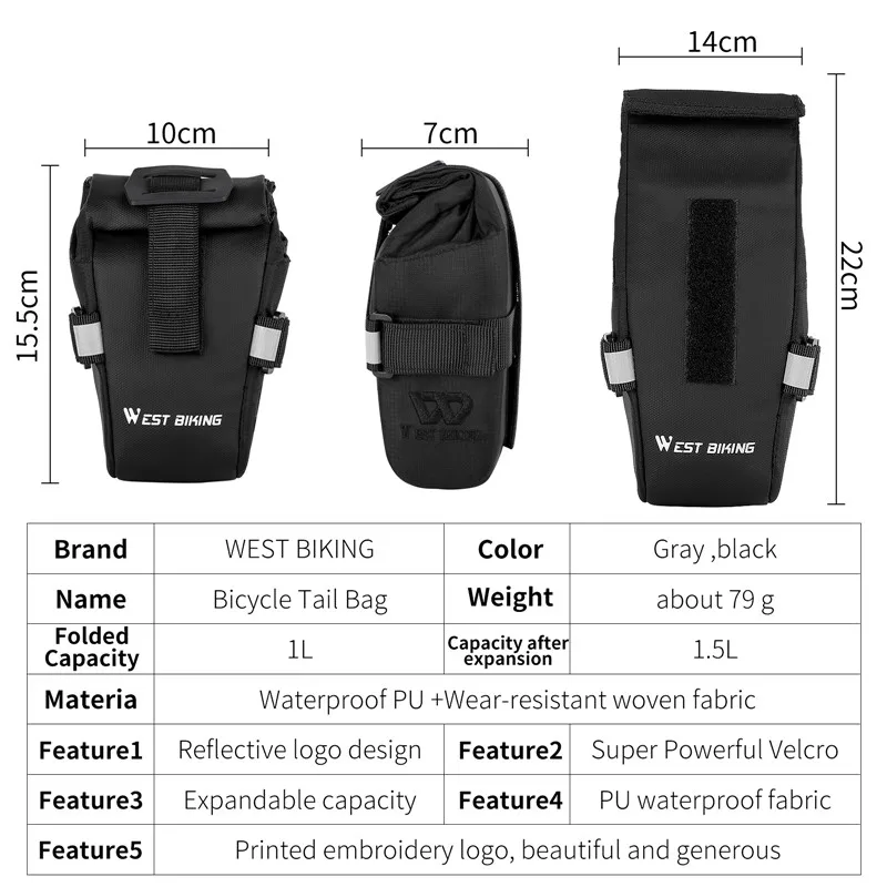 WEST BIKING Bicycle Saddle Bag 1L Portable Foldable Tail Bag MTB Road Bike Toolkit Waterproof Cycling Bag Bike Accessories