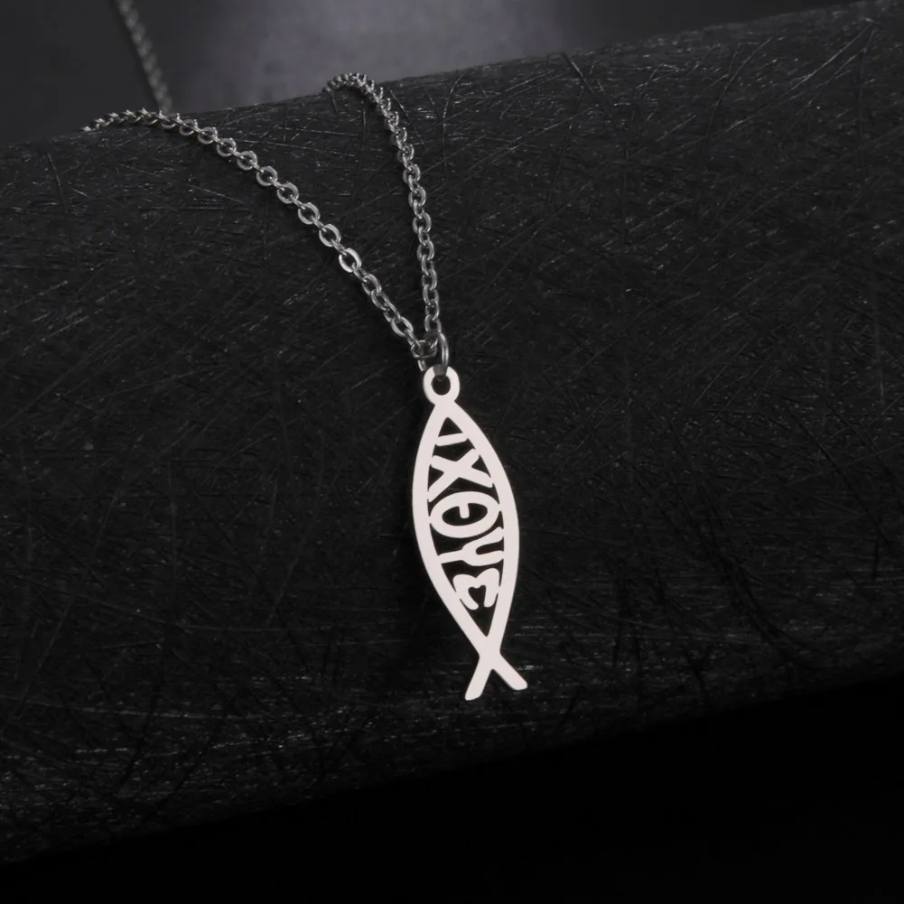 Ichthys Gesù Pesce Croce Cristo Dio Collana con ciondolo per donna Uomo Acciaio inossidabile Colore oro Catena cristiana Gioielli N1482S02  36