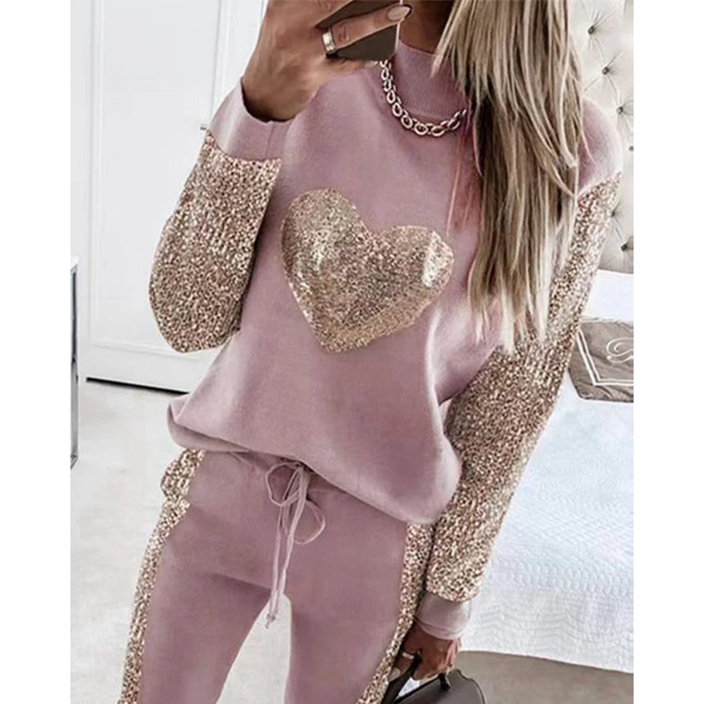 Women Heart Sequins Stitching Long Sleeve Round Neck Sweatshirt & Drawstring Pants Set Causal Female Pink Two Pieces Set