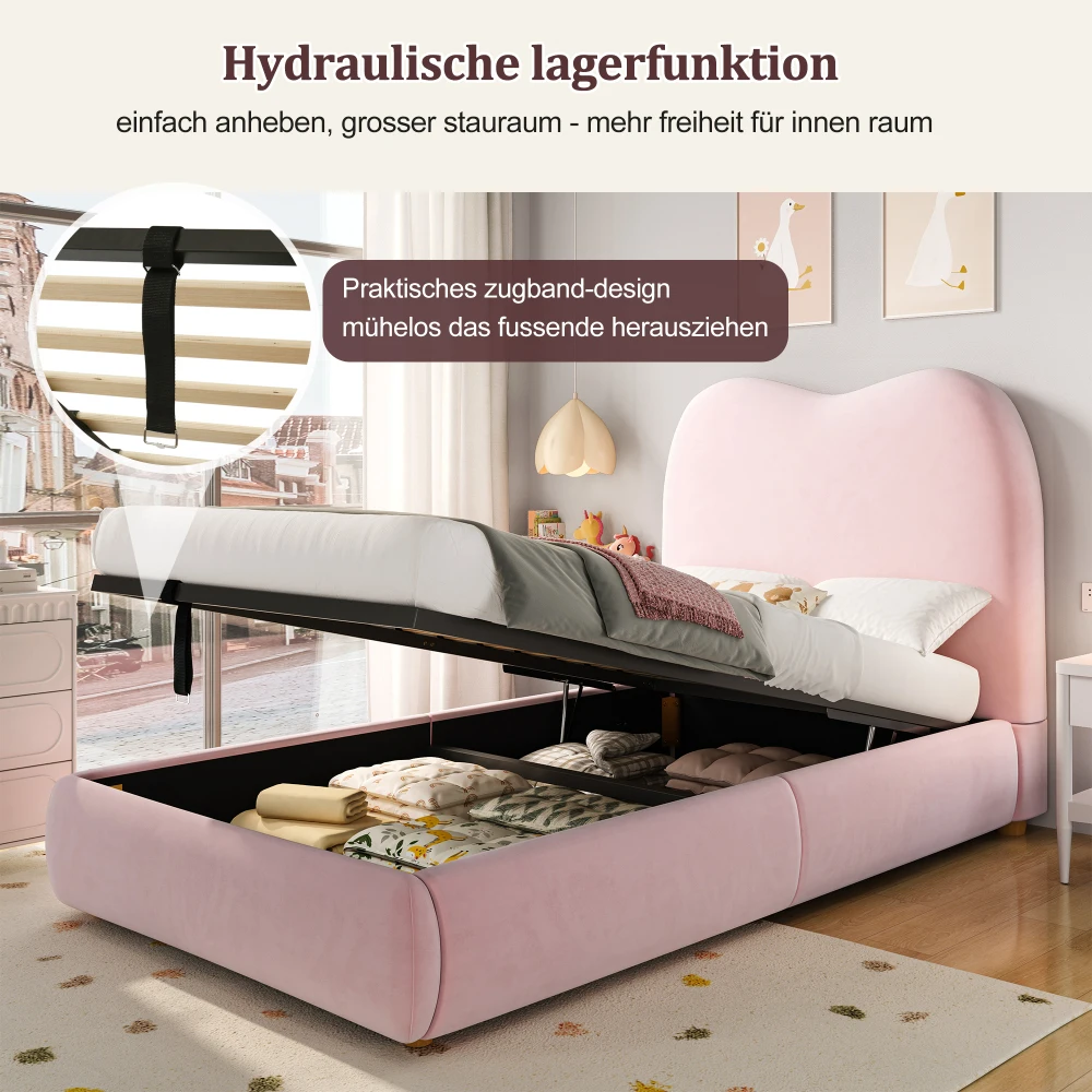 90 x 200 cm modernes Polsterbett, Babybett, hydraulisches Funktionsbett, Bett mit Gitterrost, Kopfteil und großem Stauraum – Detail 23