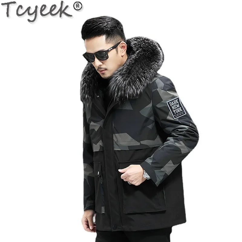 

Tcyeek Winter Jacket Men Clothes Men’s Parka Rex Rabbit Liner Hooded Coat Silver Fox Fur Collar Mid-length Thickened Fur Coat FC