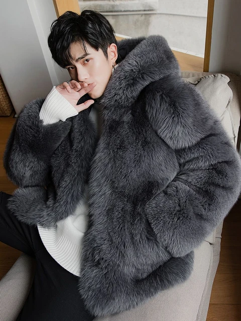 Oversized Grey Faux Fur Coat Men - Fur Coat with Hood