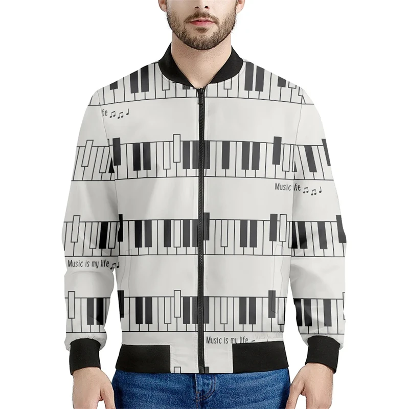 thumbnail image 1 of Nueva moda primavera otoño ropa de diseñador para hombre cuello alto patrón de piano estampado en blanco y negro chaquetas de hombre chaqueta de vuelo, 1 of 4