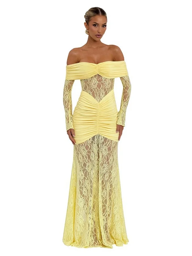 Wmstar Dress Wholesale Women Dresses with Lace Patchwork One Shoulder Slit Long Sleeved Pleated Long Skirt One Pieces 2025